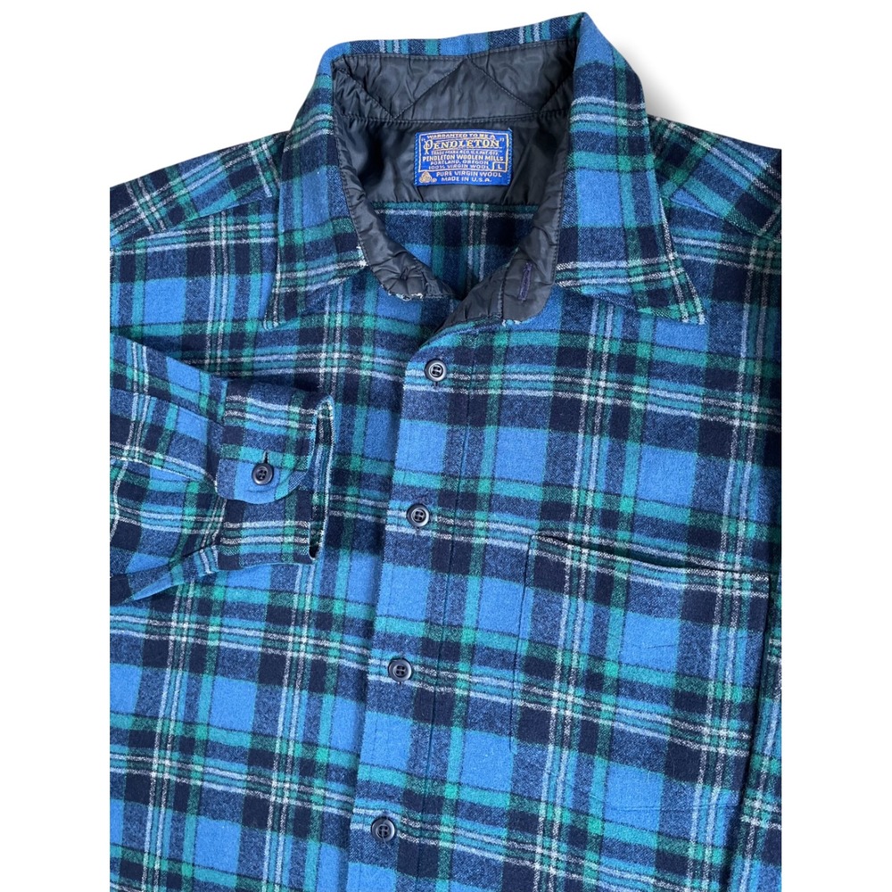 Vintage Pendleton Mens Blue Green Plaid Wool Flannel Board Shirt USA Large
